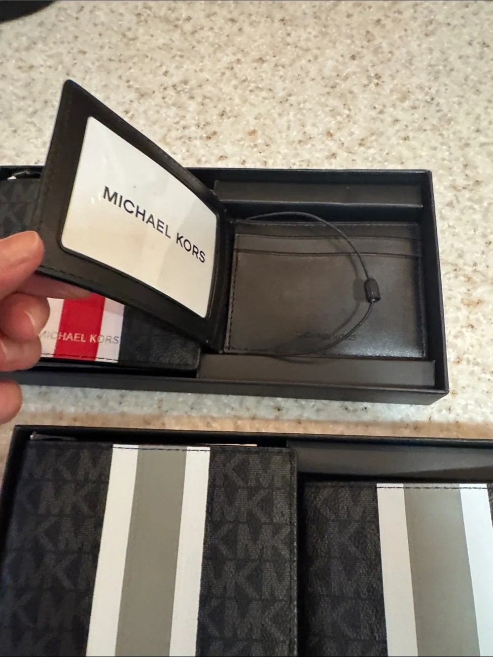 Michael Kors Men's Black MK Monogram Wallet Set with Red & Gray Center Stripes